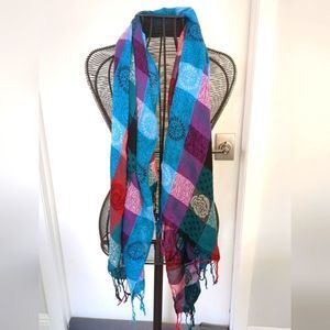 Blue Red Purple plaid boho hippie scarf